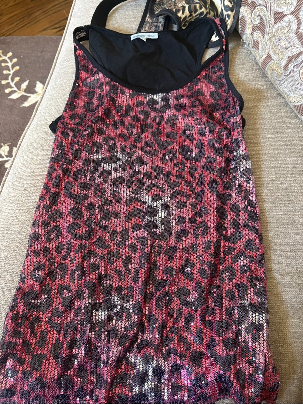 Y2K Charlotte Russe Pink and Black Sequin Leopard Print Tank Top